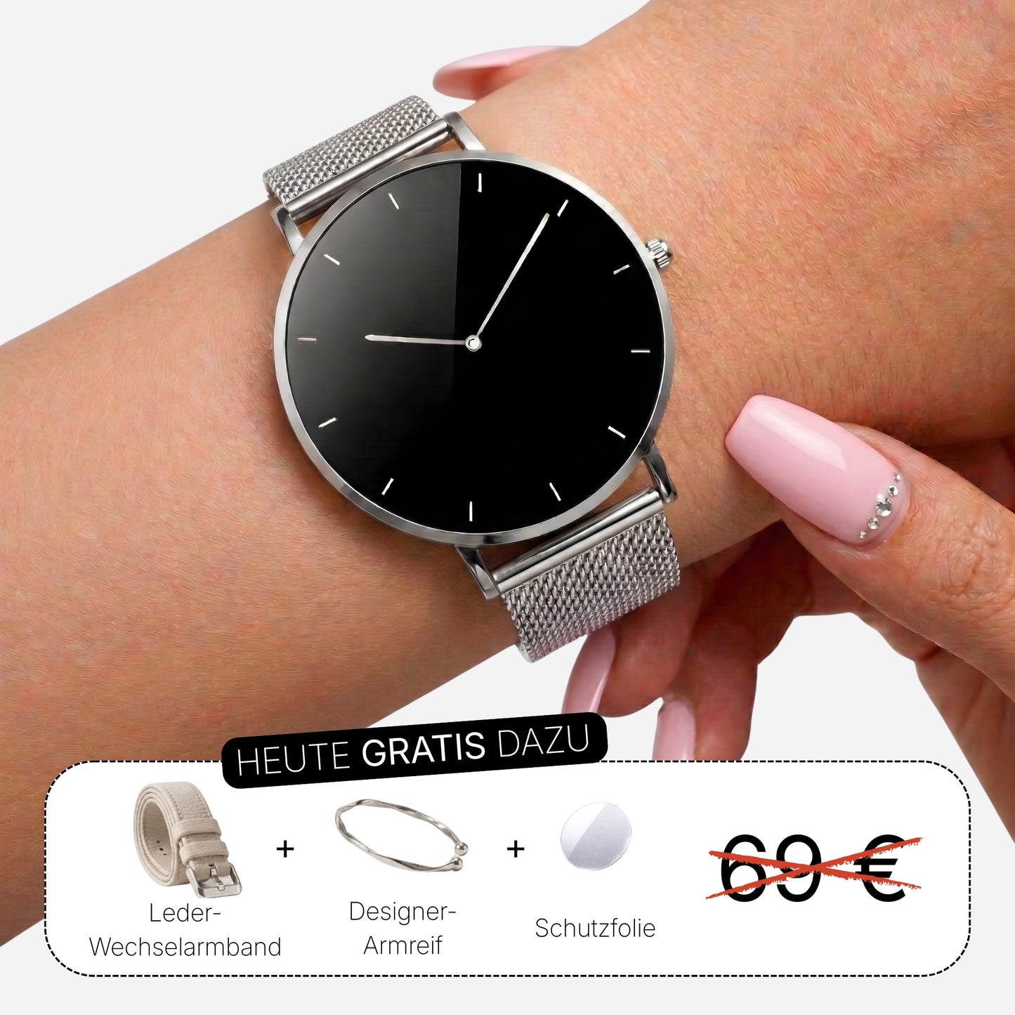 Frühlings-Angebot – MILANO Smartwatch + GRATIS Leder-Wechselarmband, Designer-Armreif & Schutzfolie