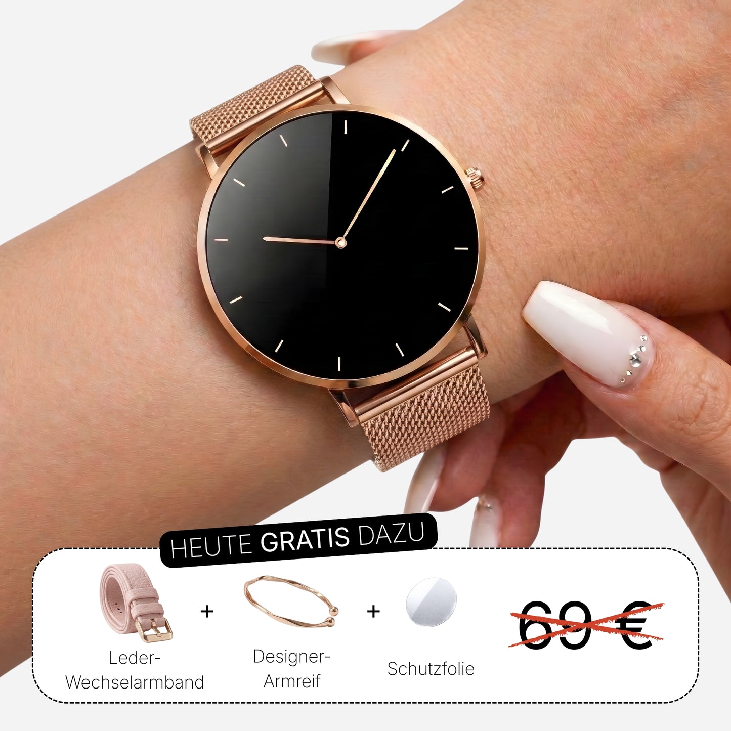 Frühlings-Angebot – MILANO Smartwatch + GRATIS Leder-Wechselarmband, Designer-Armreif & Schutzfolie